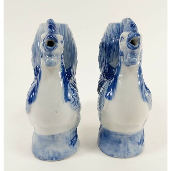 Blue and White Porcelain Rooster Pitcher Style Bud Vases - set of 2, Unmarked - Picture 3 of 6